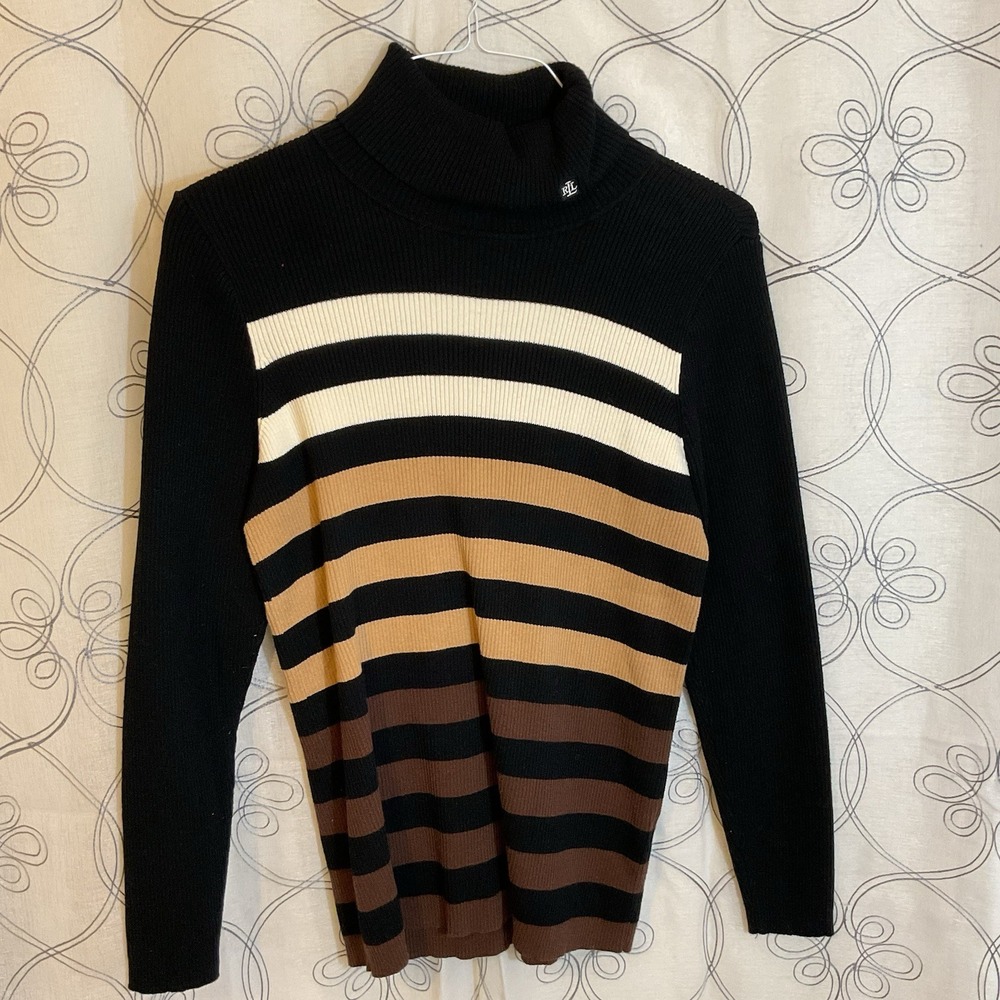 Women's Lauren Ralph Lauren Black Knit Striped Turtleneck Sweater Size‎ 1X